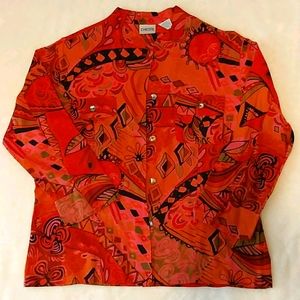 Vintage Orange Pattered Blouse with 3/4 Sleeves